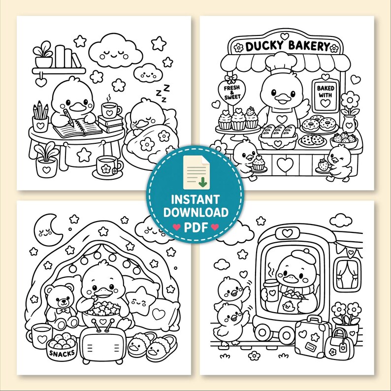 May include: A set of four black and white coloring pages featuring cartoon ducks in various scenes including a bakery, a bedroom, a movie night, and a train station. The pages include text such as DUCKY BAKERY, FRESH & SWEET, BAKED WITH, and SNACKS.