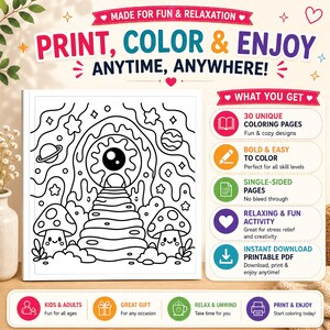 May include: A black and white coloring book with a whimsical design featuring an eye, mushrooms, and stars. The text reads "Print, Color & Enjoy Anytime, Anywhere!" and highlights features like 30 unique coloring pages and instant PDF download.