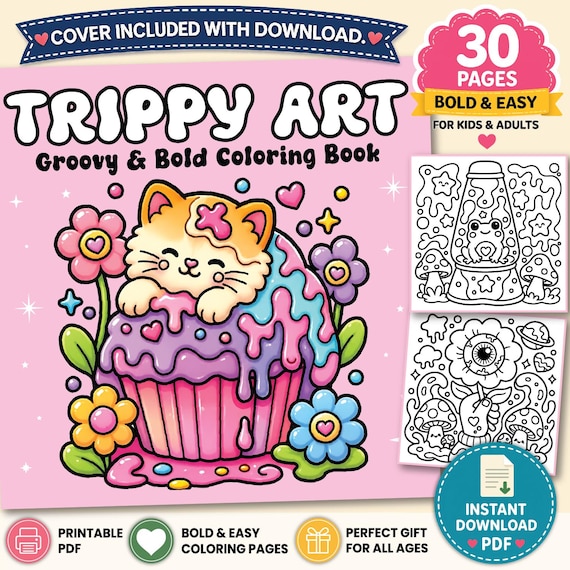 Trippy Art Groovy Bold Coloring Book for Kids and Adults | Cute Psychedelic Coloring Pages | Printable PDF | Instant Digital Download