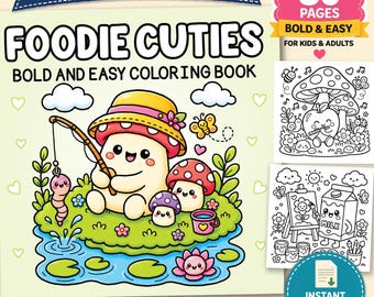 Livre de coloriage Foodie Cuties, facile et audacieux, pour enfants et adultes | Coloriages d'aliments kawaii | PDF à imprimer | Téléchargement numérique instantané