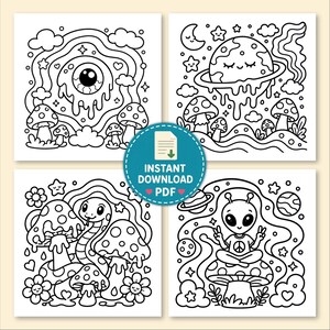 May include: Four black and white line art illustrations with whimsical themes. One features a large eye, another a planet with a face, a third a snake with mushrooms, and the last an alien. The text "INSTANT DOWNLOAD PDF" is on a blue circle.