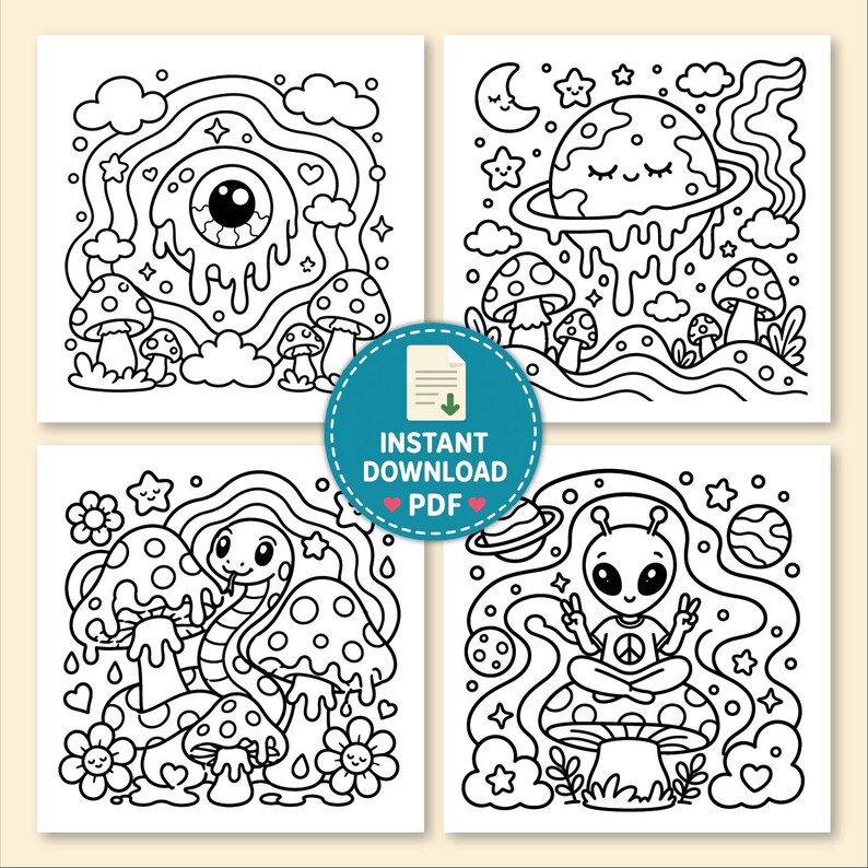 May include: Four black and white line art illustrations with whimsical themes. One features a large eye, another a planet with a face, a third a snake with mushrooms, and the last an alien. The text "INSTANT DOWNLOAD PDF" is on a blue circle.