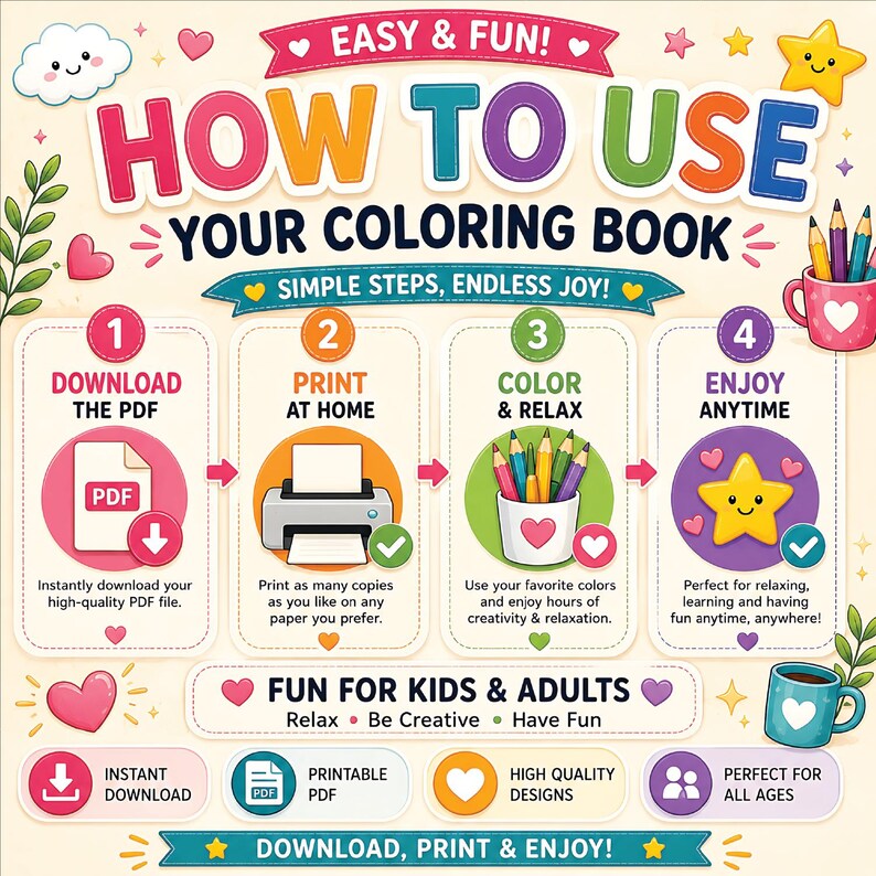 May include: A colorful infographic titled "How to Use Your Coloring Book" with four steps: Download the PDF, Print at Home, Color & Relax, and Enjoy Anytime. The image includes illustrations of a PDF file, a printer, colored pencils, and a star. Text states "Fun for Kids & Adults."