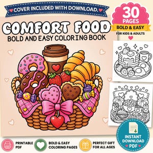 Peut inclure: Un livre de coloriage num&eacute;rique intitul&eacute; Comfort Food Bold and Easy Coloring Book comprenant 30 pages. La couverture pr&eacute;sente un panier tress&eacute; rempli de beignets, d'une tasse de caf&eacute;, de croissants, de fraises et de biscuits en forme de c&oelig;ur.