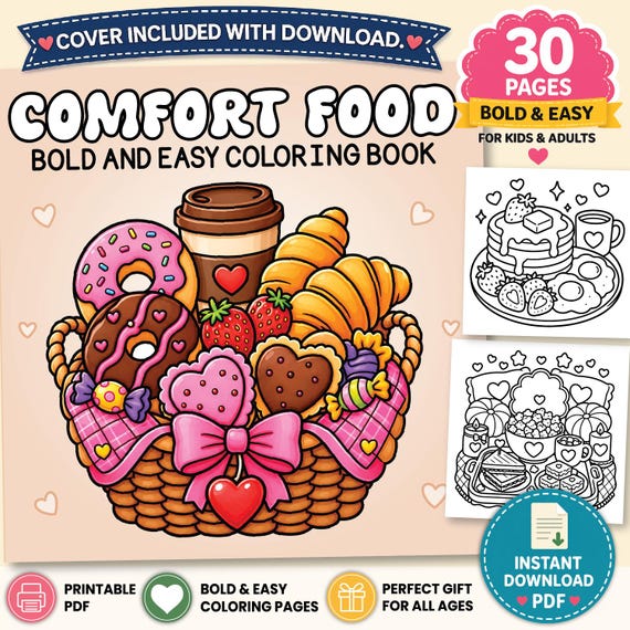 Comfort Food Bold Coloring Book for Kids and Adults | Cute Cozy Food Coloring Pages | Printable PDF | Instant Digital Download