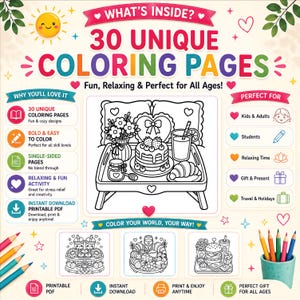 Peut inclure: Une publicit&eacute; pour un livre de coloriage num&eacute;rique avec 30 pages uniques. Le graphique central montre un plateau de petit-d&eacute;jeuner avec des pancakes, une boisson et des fleurs. Inclut des &eacute;tiquettes pour le t&eacute;l&eacute;chargement et le format PDF.