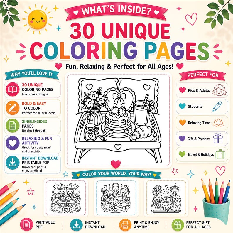 Peut inclure: Une publicit&eacute; pour un livre de coloriage num&eacute;rique avec 30 pages uniques. Le graphique central montre un plateau de petit-d&eacute;jeuner avec des pancakes, une boisson et des fleurs. Inclut des &eacute;tiquettes pour le t&eacute;l&eacute;chargement et le format PDF.