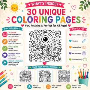 May include: A printable PDF with 30 unique coloring pages. The pages feature fun and cozy designs, bold lines, and are single-sided to prevent bleed-through. The coloring book is designed for all skill levels and is a relaxing activity for stress relief and creativity.