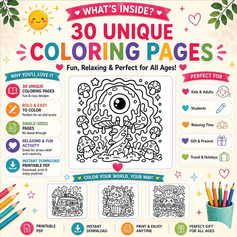 May include: A printable PDF with 30 unique coloring pages. The pages feature fun and cozy designs, bold lines, and are single-sided to prevent bleed-through. The coloring book is designed for all skill levels and is a relaxing activity for stress relief and creativity.
