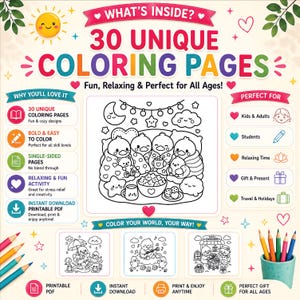 May include: A digital coloring book advertisement featuring 30 unique coloring pages with text including What's Inside, 30 Unique Coloring Pages, and Fun, Relaxing & Perfect for All Ages. The graphic displays duck characters and various icons.