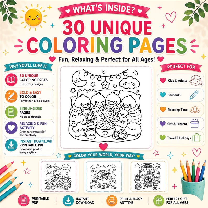 May include: A digital coloring book advertisement featuring 30 unique coloring pages with text including What's Inside, 30 Unique Coloring Pages, and Fun, Relaxing & Perfect for All Ages. The graphic displays duck characters and various icons.