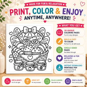 Peut inclure: Une page de coloriage num&eacute;rique repr&eacute;sentant un panier rempli de pains, de muffins et de pots de confiture, entour&eacute; de c&oelig;urs. Le texte indique : PRINT, COLOR & ENJOY ANYTIME, ANYWHERE! MADE FOR FUN & RELAXATION. WHAT YOU GET: 30 UNIQUE COLORING PAGES.
