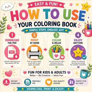 Peut inclure: Un graphique p&eacute;dagogique intitul&eacute; HOW TO USE YOUR COLORING BOOK avec quatre &eacute;tapes : 1. DOWNLOAD THE PDF, 2. PRINT AT HOME, 3. COLOR & RELAX, 4. ENJOY ANYTIME. Le design pr&eacute;sente des ic&ocirc;nes color&eacute;es, des c&oelig;urs, des &eacute;toiles et du texte sur un fond cr&egrave;me.