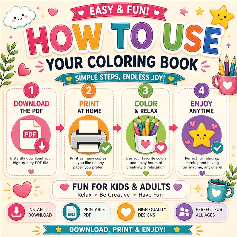 Peut inclure: Un graphique p&eacute;dagogique intitul&eacute; HOW TO USE YOUR COLORING BOOK avec quatre &eacute;tapes : 1. DOWNLOAD THE PDF, 2. PRINT AT HOME, 3. COLOR & RELAX, 4. ENJOY ANYTIME. Le design pr&eacute;sente des ic&ocirc;nes color&eacute;es, des c&oelig;urs, des &eacute;toiles et du texte sur un fond cr&egrave;me.