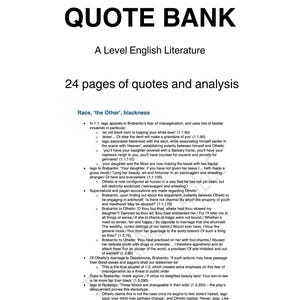 May include: A Level English Literature study guide titled "A* Othello Quote Bank." The cover features bold black text on a white background. The guide contains 24 pages of quotes and analysis, focusing on themes like race and blackness.