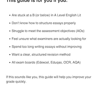 May include: White background with black text. The text reads "This guide is for you if you:" followed by bullet points about A Level English Lit revision, including exam boards Edexcel, Eduqas, OCR, and AQA.
