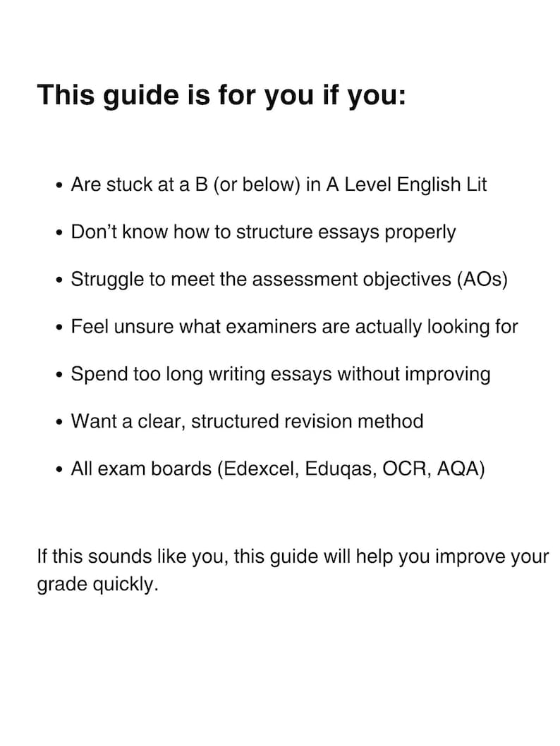May include: White background with black text. The text reads "This guide is for you if you:" followed by bullet points about A Level English Lit revision, including exam boards Edexcel, Eduqas, OCR, and AQA.