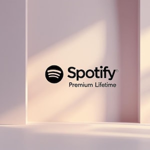 以下が含まれることがあります： 柔らかいピンク色の背景に、Spotifyのロゴと「Premium Lifetime」の文字が表示されています。ロゴは、3本の曲線が描かれた黒い円です。テキストは、クリーンでモダンなフォントです。
