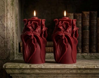 Burgundy Sculpted Candle Set of 2, Artistic Pillar Candles, Handmade Decorative Candle, Cotton Wick, Modern Home Decor, Unique Gift Idea