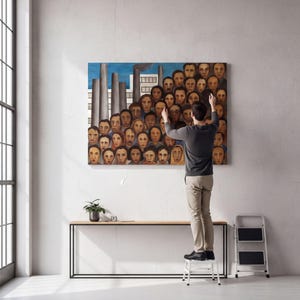 May include: A rectangular wall art print featuring a dense crowd of diverse faces in muted earth tones, positioned against a backdrop of industrial smokestacks under a blue sky. The artwork is displayed on a plain wall above a console table.