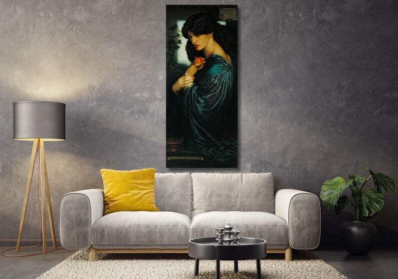 La Proserpina di Dante Gabriel Rossetti, famosi dipinti del XIX secolo, movimento artistico preraffaellita, stampa di poster di arte floreale con ortensie immagine 1
