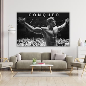 Arnold Schwarzenegger Conquer gotowy do powieszenia na płótnie, dekoracja ścienna do kulturystyki, gobelin do ćwiczeń kulturystycznych, Arnold Schwarzenegger