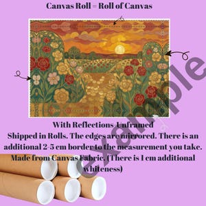 The image is a painting of a field with flowers, and it is framed with a roll of canvas fabric. The edges of the painting are mirrored, and there is an additional border of 2-5 cm to the measurement. The painting is made from Canvas Fabric, and there is 1 cm extra whiteness.