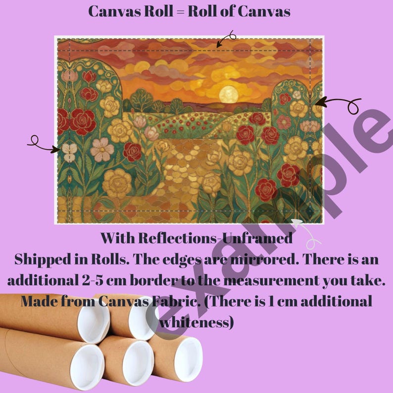 The image is a painting of a field with flowers, and it is framed with a roll of canvas fabric. The edges of the painting are mirrored, and there is an additional border of 2-5 cm to the measurement. The painting is made from Canvas Fabric, and there is 1 cm extra whiteness.
