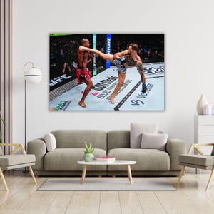 Peut inclure: Impression sur toile d'un combat de mixed martial arts. Deux athlètes s'affrontent dans l'octogone, l'un donnant un coup de pied à l'autre. Le sol de l'octogone comporte des logos et du texte. Le fond montre des spectateurs.