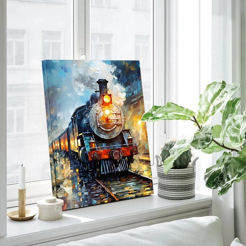 a painting of a train on a window sill