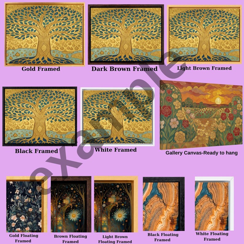 a bunch of different paintings on a purple background