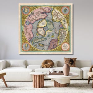 Ancient Flat Earth Map Ready To Hang Canvas, 1587 by Monte Urbano Poster, Large World Map Wall Chart, 15th Century Old Map, Flat Earth Map