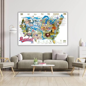 May include: A large horizontal wall poster featuring a colorful illustrated map of the United States with the word Baseball in red script. The map displays various baseball team logos, player illustrations, and stadium icons across the country.