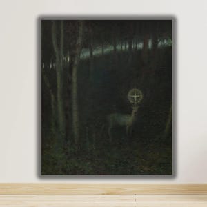 May include: A dark oil painting depicting a deer standing in a dense, shadowed forest. A glowing, circular, cross-shaped light emblem is positioned directly above the deer's head, illuminating the surrounding dark trees and forest floor.