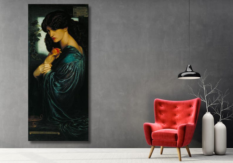 La Proserpina di Dante Gabriel Rossetti, famosi dipinti del XIX secolo, movimento artistico preraffaellita, stampa di poster di arte floreale con ortensie immagine 3