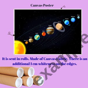 The image is a canvas poster depicting the solar system, with planets such as Earth, Mars, and Jupiter visible. The poster is made of Canvas Fabric and has an additional 1 cm of whiteness on the edges.