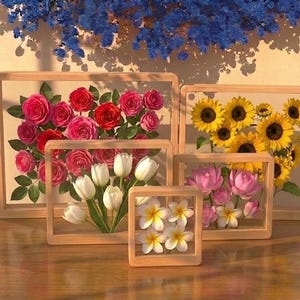 以下が含まれることがあります： 額装された花の芸術作品のコレクション。 フレームは明るい木材でできており、赤いバラとピンクのバラ、黄色のヒマワリ、白いチューリップ、ピンクの蓮、白いプルメリアなど、さまざまな花が含まれています。