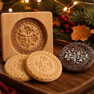 May include: A square wooden biscuit mould featuring a circular floral carving, accompanied by two light-coloured round biscuits and one dark-coloured round biscuit, each embossed with a matching floral pattern and a decorative zigzag border design.