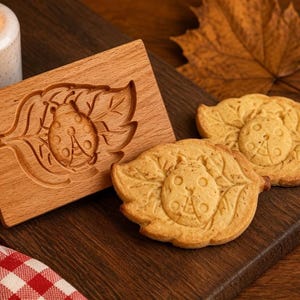 May include: A rectangular wooden cookie mold featuring a carved ladybug on a leaf design, accompanied by two baked cookies with the same embossed ladybug and leaf pattern, displaying a light brown wood grain and golden-brown baked dough texture.
