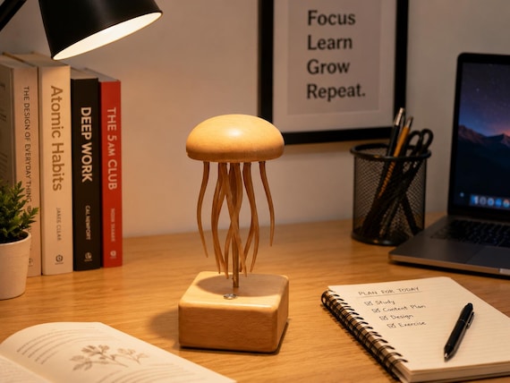 A rechargeable motorized wooden jellyfish sculpture whose tentacles flow hypnotically without any manual cranking — zen desk companion meets ocean art.
