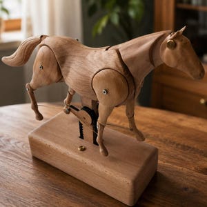 May include: A light brown wooden articulated horse figurine mounted on a rectangular wooden base. The horse features visible metal joints at the shoulders and hips, with a thin wire connecting the legs to a central black mechanical gear mechanism.