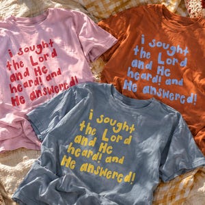 May include: Three short-sleeved crew neck t-shirts in light pink, rust orange, and slate blue. Each shirt features the printed text "i sought the Lord and He heard! and He answered!" in a contrasting colour: red on pink, light blue on rust, and yellow on blue.