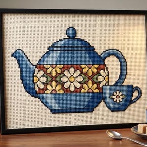 Peut inclure: Une broderie au point de croix encadrée représentant une théière bleue et une tasse assortie. La théière présente une bande centrale ornée d'un motif répétitif de marguerites blanches à cœur jaune sur fond rouge foncé et vert, sur tissu crème.