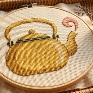 Kettle Cross Stitch Pattern PDF, Yellow Enamel Pot with Curling Steam, Farmhouse Kitchen Chart, Instant Download