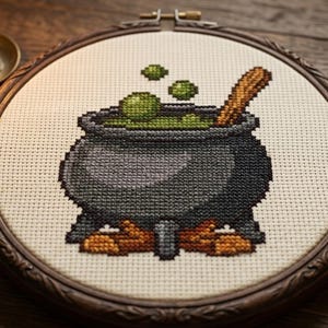 Cauldron Cross Stitch Pattern PDF, Bubbling Green Witch Pot with Logs, Halloween Witchy Chart, Instant Download