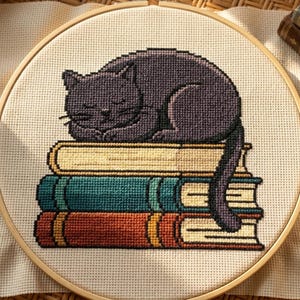 May include: A cross-stitch embroidery piece in a circular wooden hoop featuring a dark purple cat sleeping on a stack of three books. The books are colored yellow, teal, and orange, and the entire design is stitched onto a cream-colored fabric.