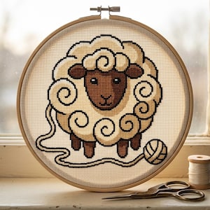 Knitting Sheep Cross Stitch Pattern PDF, Wool Animal Unravelling into a Ball, Yarn Lover Chart, Instant Download