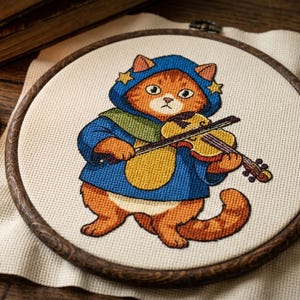 Peut inclure: Une broderie au point de croix dans un tambour en bois circulaire représentant un chat tigré orange portant une cape à capuche bleue avec des étoiles jaunes. Le chat joue d'un violon jaune. Le motif est brodé sur un tissu couleur crème.