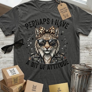 Può includere: T-shirt grigio scuro con una grafica di una lince con occhiali da sole e giacca di pelle, con la scritta "PERHAPS I HAVE A BIT OF ATTITUDE." Include occhiali da sole, piccole scatole e un bidone della spazzatura.