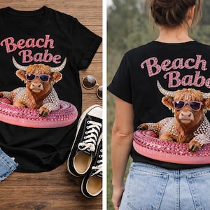 Beach Babe PNG, Glam Highland Cow Shirt, Rhinestone Fluffy Cow Sublimation, Summer Pool Float Design, Bougie Cow Digital Download